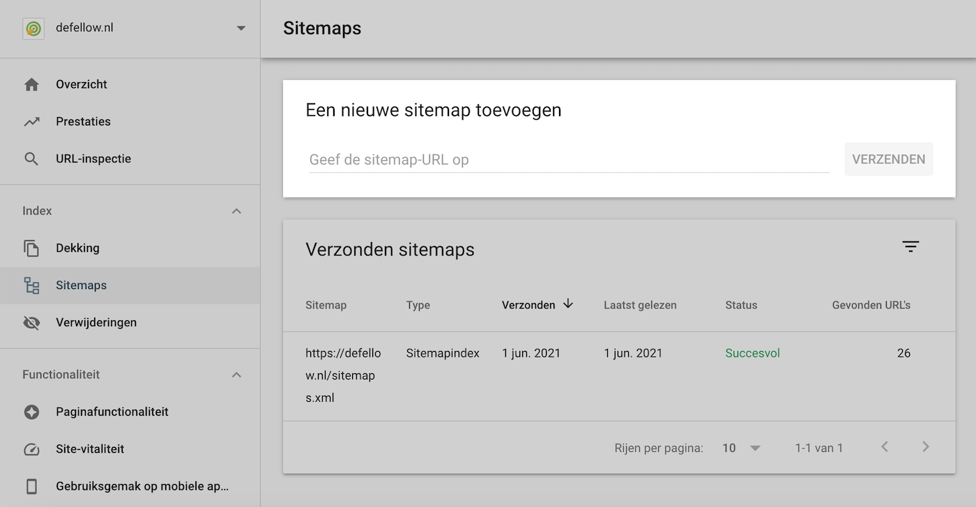 Je kunt je XML-sitemap indienen in Google Search Console via Index → Sitemaps.