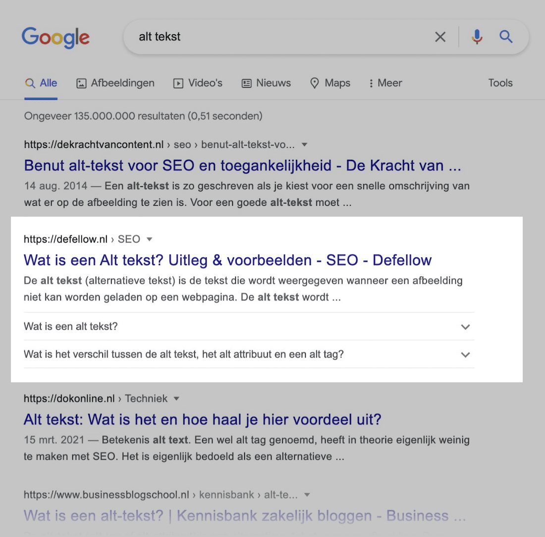 FAQ schema van Defellow in de SERP.