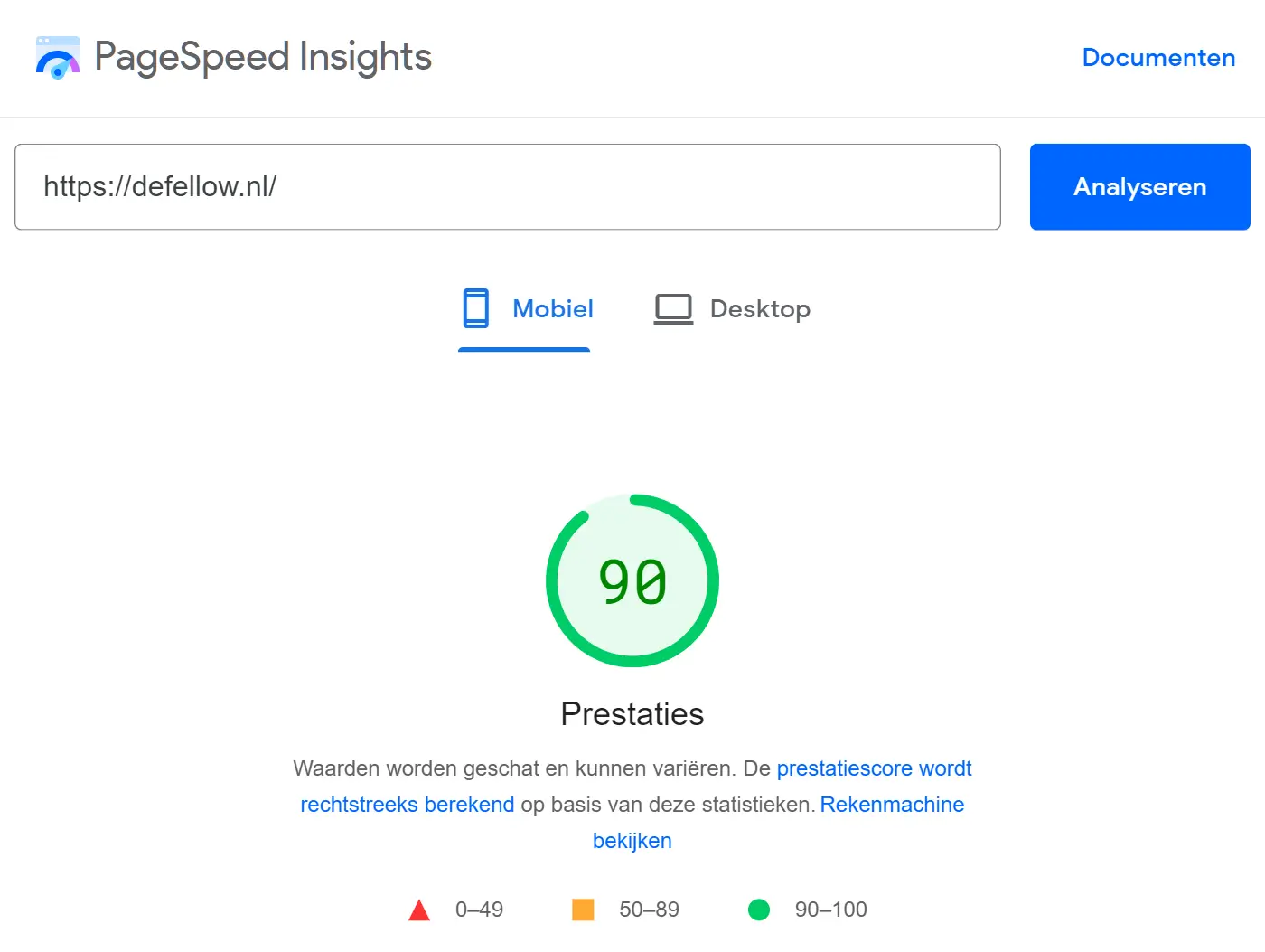 Na het verbeteren van de snelheid van de WordPress website gaf PageSpeed Insights een 90.