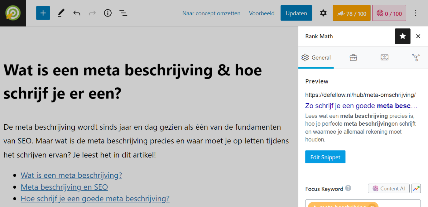 Rank Math blok in de Gutenberg Editor.
