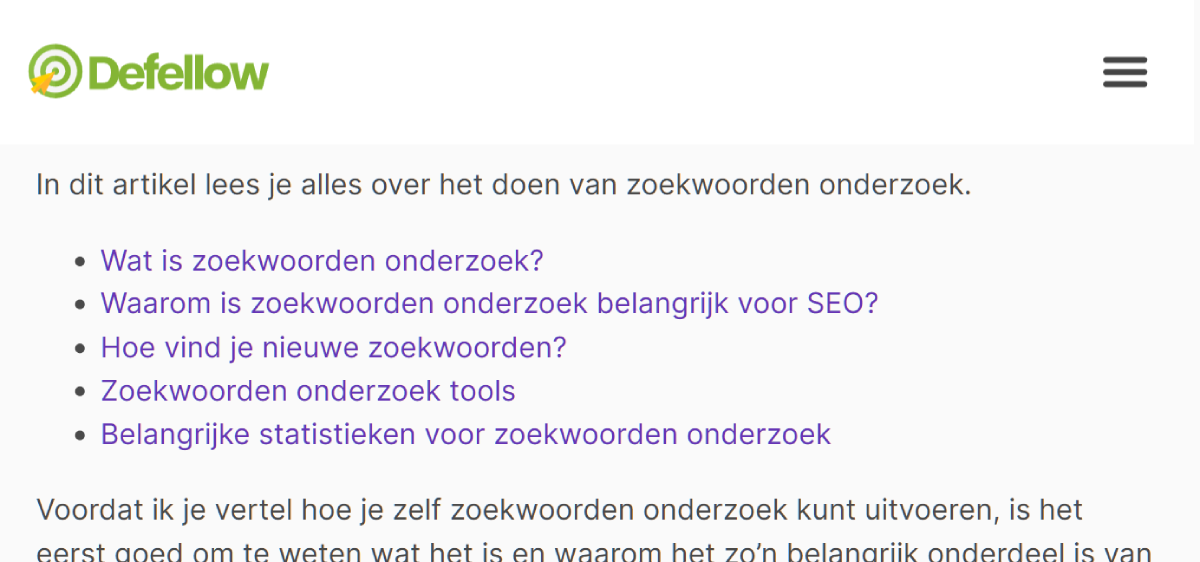 Voorbeeld van interne ankerlinks in een blog